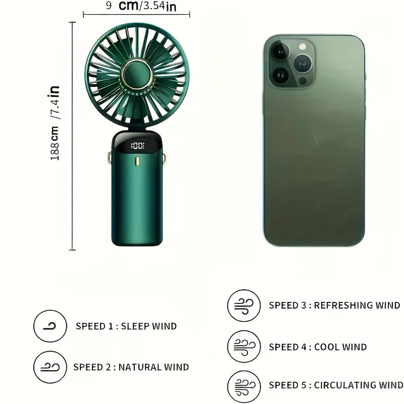 Portable Mini Fan With 6 Speeds LED USB Rechargeable